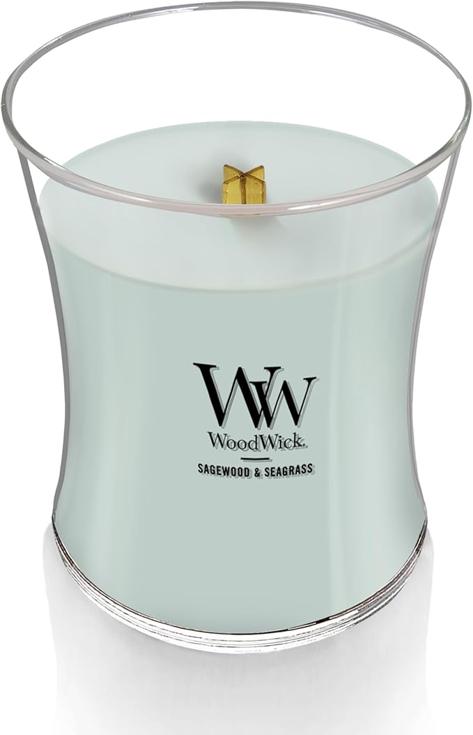 WoodWick Medium Hourglass Candle Sagewood/Seagrass - Premium Soy Blend Wax Pluswick Innovation Wood Wick Made in USA
