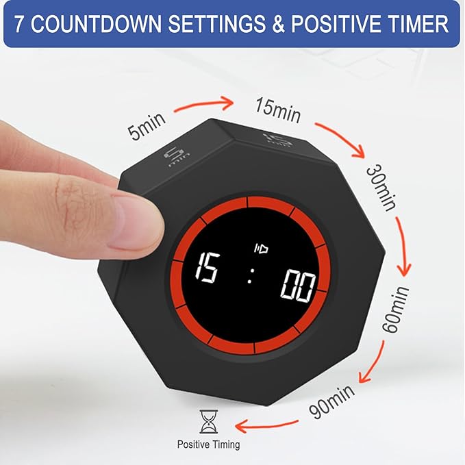 GuDoQi Digital Productivity Timer, Octagon Rotating Pomodoro Timers with Gravity-sensor, 1-3-5-15-30-60-90 Min Countdown, Portable Adjustable Sound Alert Multi Desk Timer or Study Task, Kitchen, Black