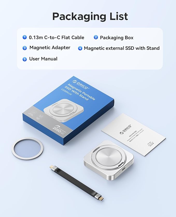 ORICO 512GB Magnetic External SSD with Kickstand, Up to 2000MB/s, 4K ProRes HDR Record and Store, Aluminum Alloy, MagSafe Portable SSD for iPhone 16 Pro Max, Tablet, Computer - CZ20PLUS