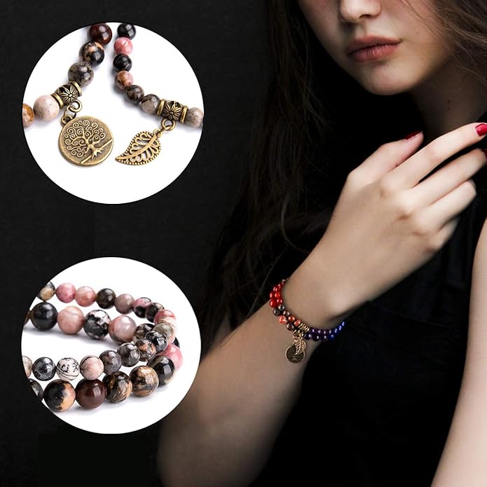 Bivei Natural Semi Precious Gemstone beads bracelet for women - Life Tree and Leaf Charm Energy Reiki Crystal Stretch Bracelets