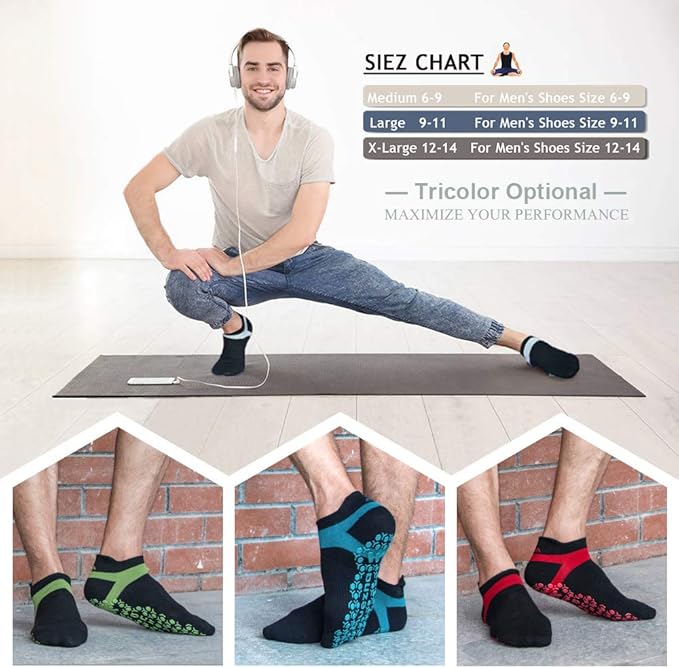 Muezna Men's Non-Slip Yoga Socks, Anti-Skid Pilates, Barre, Bikram Fitness Hospital Slipper Socks with Grips