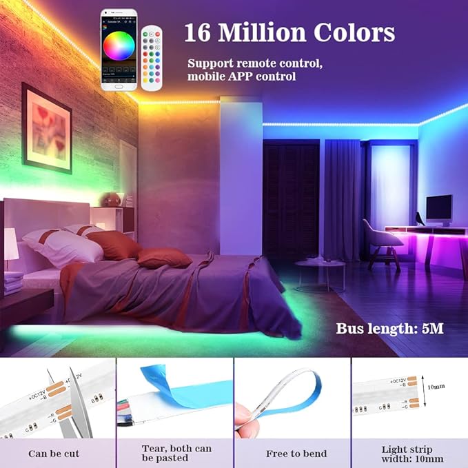 12V RGB COB Led Strip Light 16.4ft/5m, 576Leds/m, Smart Led Strip Lights Dimmable with APP Control, Music Sync, Alexa/Google Compatible, Flexible Led Tape Light for TV Led Backlight, Room Decor