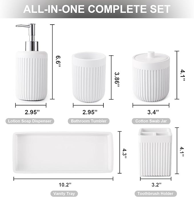 Resin White Bathroom Accessories Set 5 Pcs, Lotion Soap Dispenser, Toothbrush Holder, Bathroom Tumbler, Qtip Holder and Vanity Tray, Bathroom Countertop Organizer Set for Modern Home Apartment