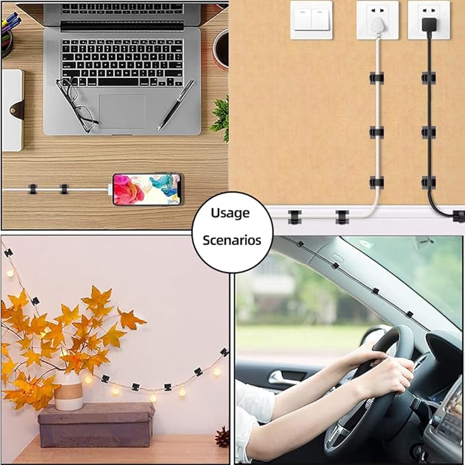 100 PCS White Adhesive Cable Clips Cord Organizer (Small, Medium,Large),Wire Holder for Cable Management, Outdoor Light Clips Light Hooks for LED String,Car Dash Cam, Extension Cord (White)