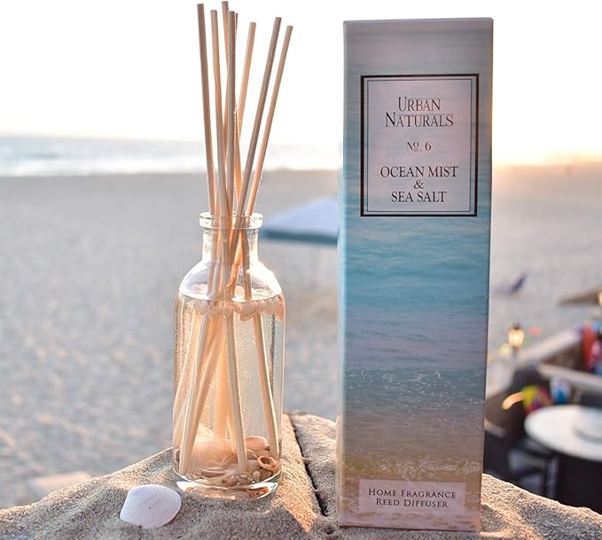 Urban Naturals Ocean Mist & Sea Salt Reed Diffuser Set | Made with Essential Oils & Real Seashells | Decorative Air Freshener Room Diffuser