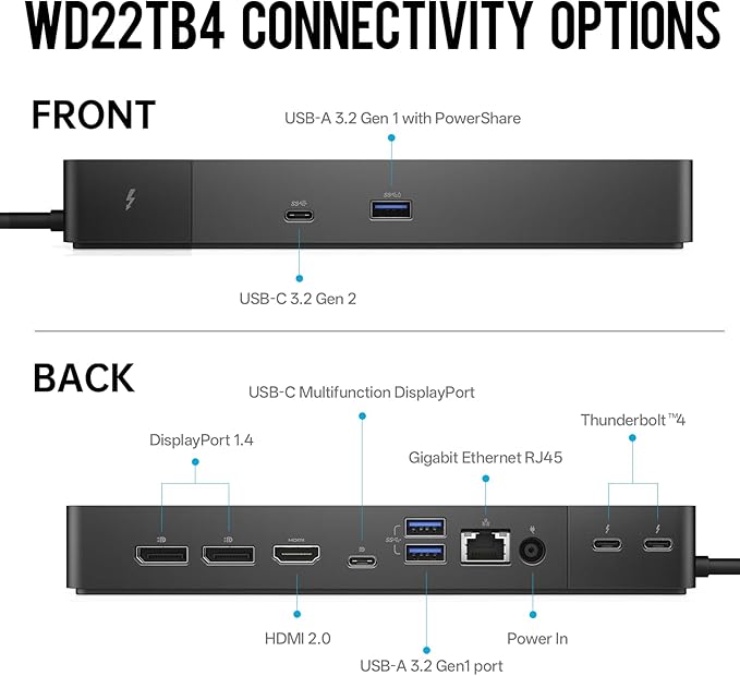 Dell WD22TB4 Docking Station, Performance Thunderbolt 4 Dock - 3 Year Warranty, with 180W Power Adapter + 130W Power Delivery + ZoomSpeed HDMI Cable + ZoomSpeed DP Cable, Supports 4K Displays - New