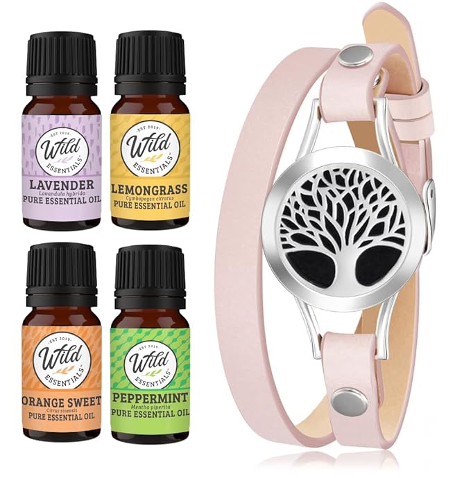 Wild Essentials Tree of Life Essential Oil Leather Wrap Bracelet Diffuser Kit, Gift Set, Lavender, Lemongrass, Peppermint, Orange Oils, 12 Pads, Customizable Color Changing Jewelry, Aromatherapy, Pink