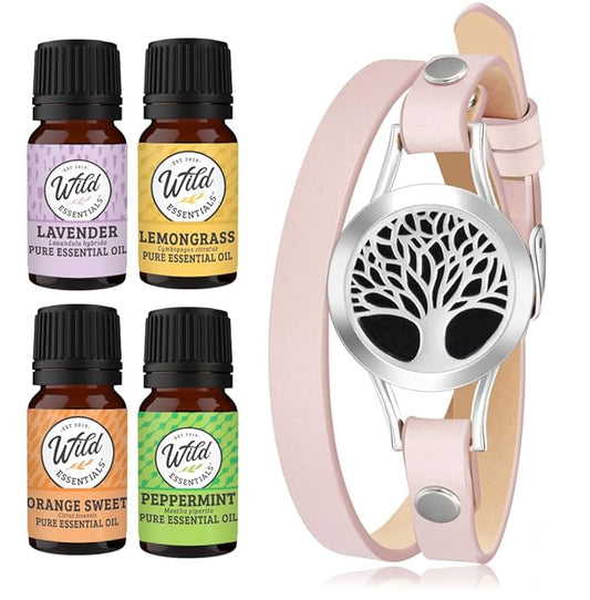 Wild Essentials Tree of Life Essential Oil Leather Wrap Bracelet Diffuser Kit, Gift Set, Lavender, Lemongrass, Peppermint, Orange Oils, 12 Pads, Customizable Color Changing Jewelry, Aromatherapy, Pink