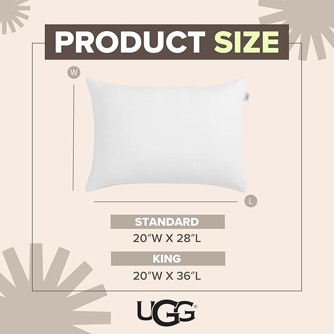 UGG Cooling Pillow Standard Size Pillow, Hotel Style for Stomach, Back or Side Sleepers, Washable Cover Down Alternative for Queen Full or Twin Beds, 20-inch x 28-inch, White