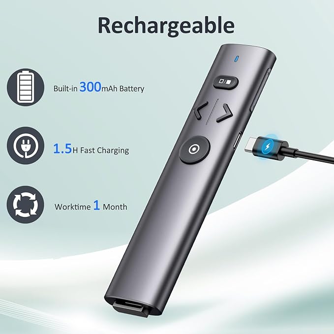 Presentation Clicker with Red Pointer, Rechargeable Wireless Presenter for PowerPoint Presentation Pointer PPT Clicker, 2.4GHz Presenter Remote Slide Advancer for Computer MacBook