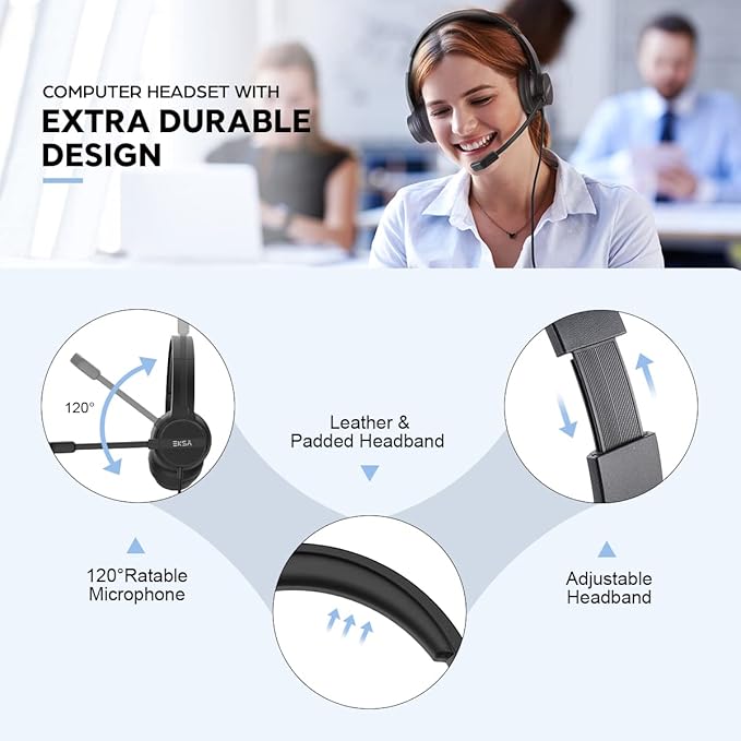 EKSA Wired Headset with Mic, Computer Headset with Microphone for PC, 3.5mm Headset with Mic with Noise Cancelling for PC/Laptop/Call Center/Work/Office, Lightweight Comfortable On Ear Headphones