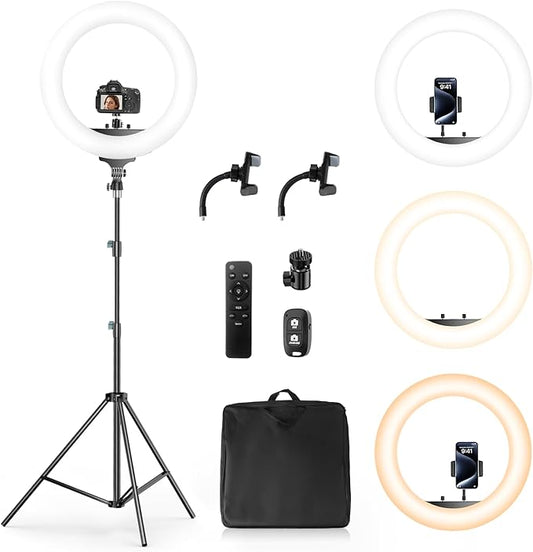 Aureday 22" Big Ring Light with 72" Sturdy Tripod Stand and Sandbag, 65W Large Studio Ringlight with Remote & Phone Holders for Photography/TikTok/YouTube/Tattoo/Barber/Video Recording