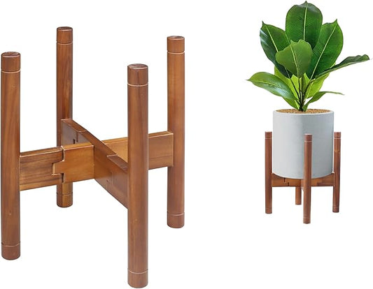 Adjustable Plant Stand for 8–12 Inch Pots, Solid Acacia Wood, Mid-Century Modern Indoor Outdoor Planter Holder with Stainless Steel Screws, Natural Brown (Pot & Plant Not Included)