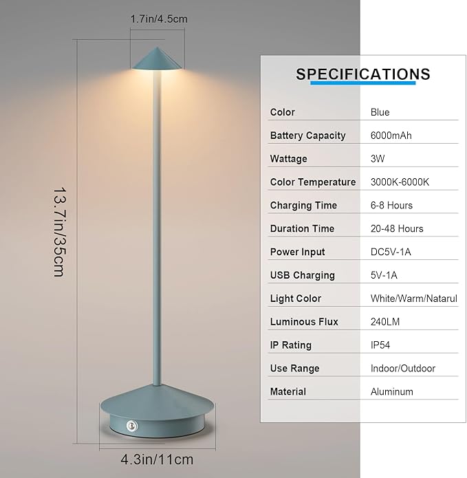 2-Pack 6000mAh Rechargeable Led Table Lamp Cordless,3000K-6000K Stepless Dimming Touch Lamps with Memory Function,IP54 Waterproof Aluminum Table Light for Outdoor/Bars/Restaurant/Patio(Blue)