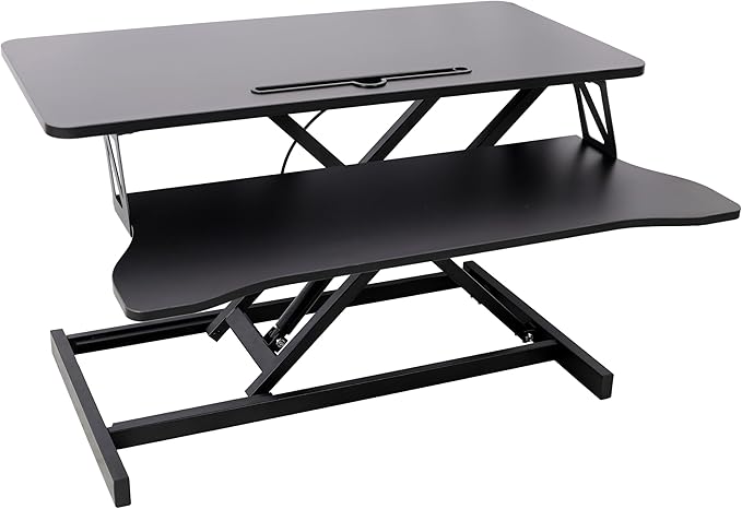 32 Inch Height Adjustable Stand Up Laptop Desk Converter, Heavy Duty Standing Computer Workstation Riser with Removable Keyboard Tray for Home Office Workshop, Spacious Platform for Monitor, Black