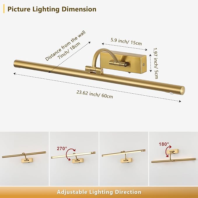 Wireless Brass Picture Lights for Wall Motion Activated, Motion Sensor Art Lights Auto-Off Gallery Lights for Portraits Display 24 Inch 5W Warm White