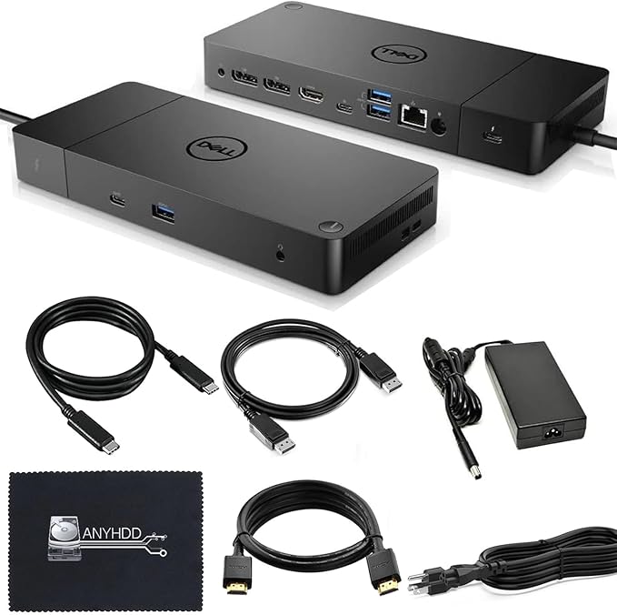 Dell WD19TBS Thunderbolt Dock Bundle - 4K Display, 1 Year Warranty, Dell Docking Station with 180W AC Adapter (130W Delivery) + 4K HDMI Cable + 4K DisplayPort Cable + USB C-C Cable + Cloth (Renewed)