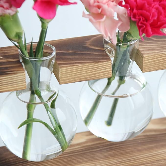 Kingbuy Glass Plant Terrarium - 3 Bulbs Propagation Station with Retro Wood Stand Indoor Garden Planter, Bulb Vase & Desktop Decor for Home Kitchen Wedding, Gift for Women & Plant Lover