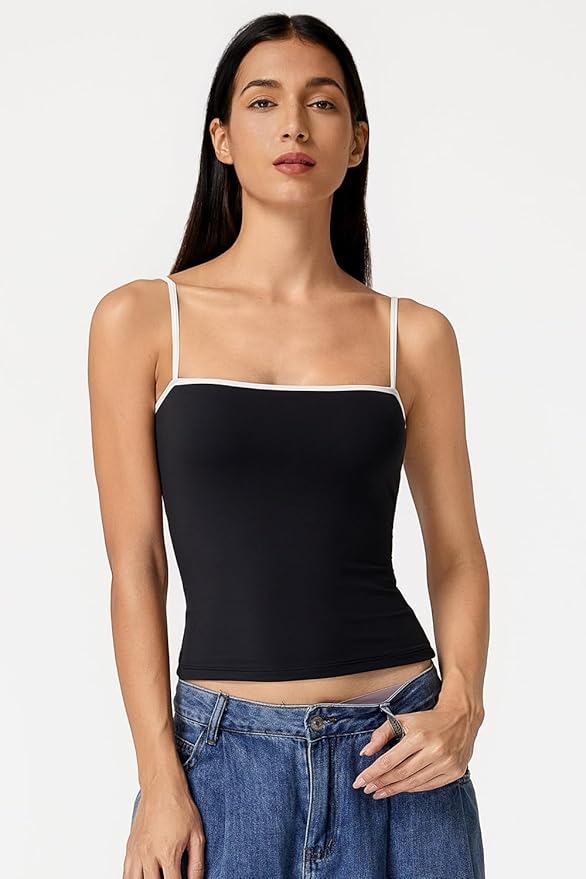 QINSEN Women's Double Lined Basic Tank Top Adjustable Spaghetti Straps Sleeveless Camisole Shirts