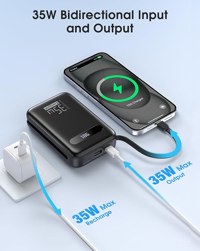 EnergyQC 20000mAh Portable Charger, 35W PD 3.0+QC 4.0 Fast Charging Power Bank with Built-in Lightning & USB-C in&Out Cables, Travel Battery Pack for iPhone 17/16/15/14, Samsung, iPad, Android, Black