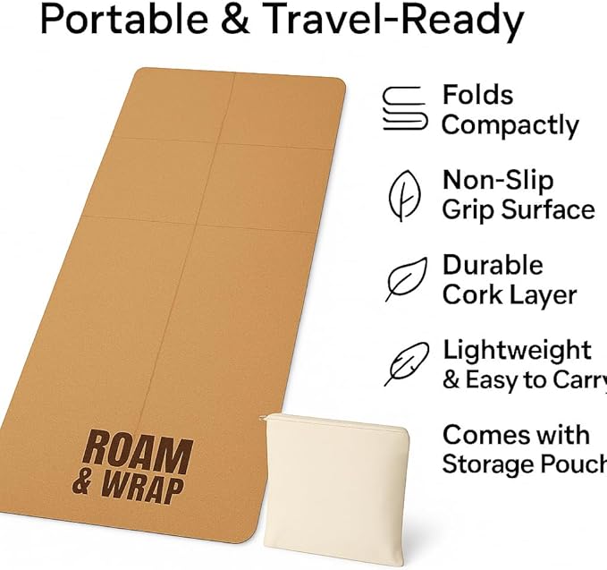 Roam & Wrap Foldable Cork Yoga Mat – Compact 14-Panel Travel Mat, Lightweight & Easy to Carry, Fits in Bag with Carry Pouch, Non-Slip Cork top & TPE bottom, Cotton Bag Included (4mm)
