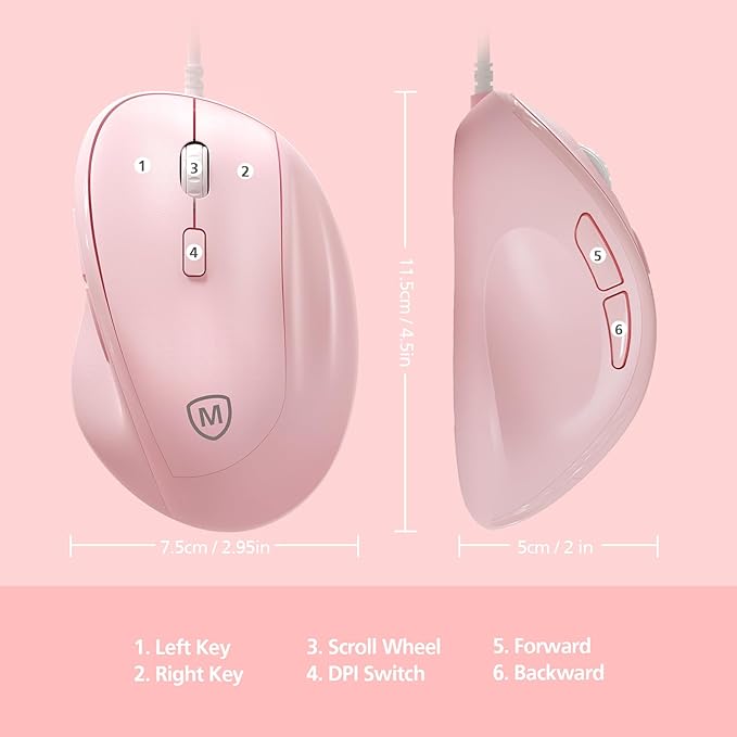 Micropack Ergonomic Mouse Wired for Laptop, PC Computer and Desktop, Ergo Mouse Vertical with Silent Clicks, Up to 3200 DPI Adjustable Mouse Sensitivity, Pink