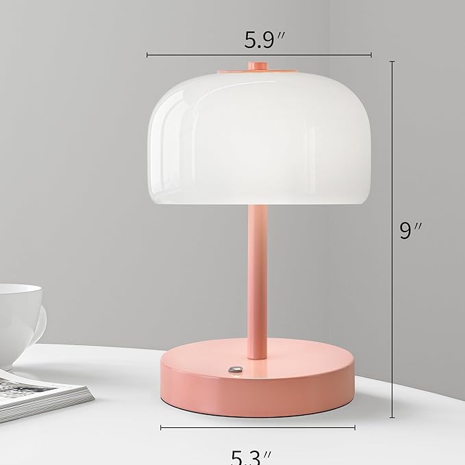 Oneach Portable Cordless Table Lamp, Rechargeable Battery Powered Lamp with Opal Glass Shade, 3-Way Dimmable LED Touch Mushroom Table Lamp for Bedroom, Bedside, Living Room, Dining Room, Patio, Pink