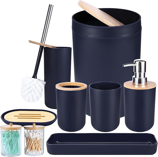 iMucci Bathroom Accessories Set Navy Blue Bathroom Decor Sets with Trash Can,Toilet Brush,Toothbrush Holder, Lotion Soap Dispenser, Soap Dish,Toothbrush Cup,Vanity Tray,Qtip Holder