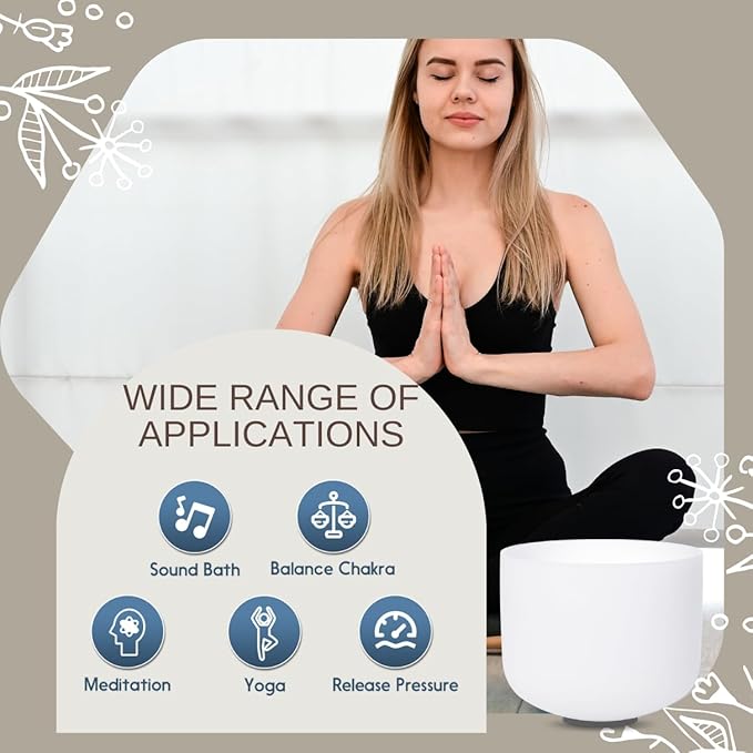 10 inch White E Note Solar Plexus Quartz Crystal Singing Bowl, for Healing Mindfulness Meditation Yoga Sound Baths, with Rubber Mallet O-ring