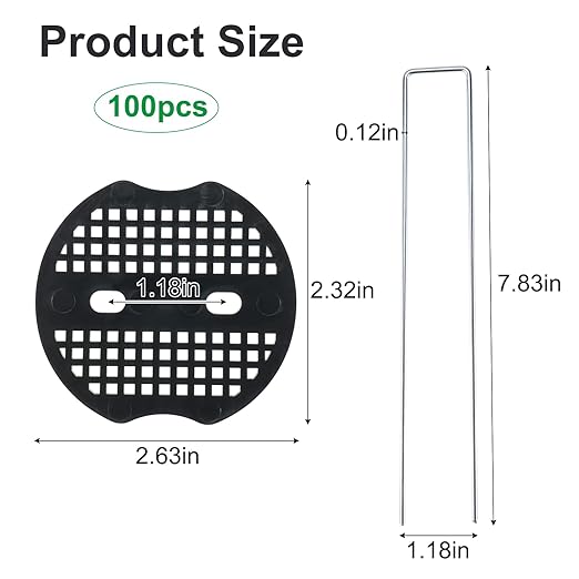 Finderomend 100 Pack Landscape Staples and 100 Pack Gaskets,8" 11 Gauge Galvanized Steel Garden Staples with Black Pads,Landscape Pins Turf Staples for Securing Weed Barrier Fabric Artificial Grass