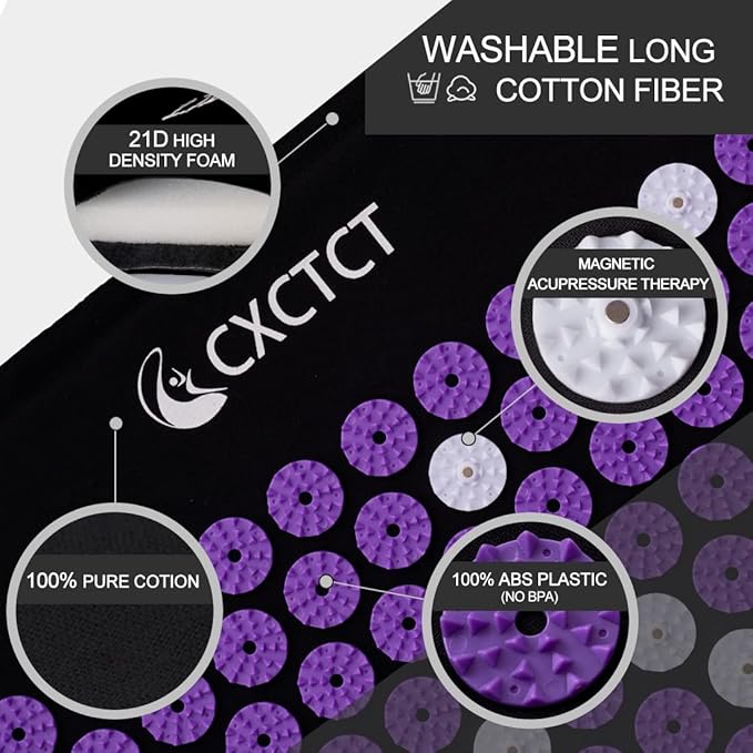 Purple Yoga Massage Mat Set,Acupuncture Magnetic Mat and Pillow - Extra Long & Large Back & Neck Pain Relief