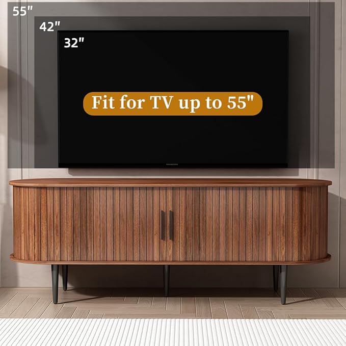 Mid Century Modern Fluted TV Stand, Walnut TV Stand for 55 Inch TV, Wooden Entertainment Center with Sliding Doors and Ample Storage Space, Media Console Storage Cabinet for Living Room or Bedroom