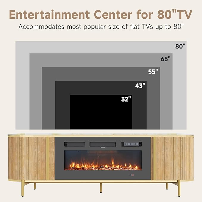 Luxury 70" Fluted Fireplace TV Stand, Modern Chic Entertainment Center for TVs Up to 80", TV Console for Living Room, Media Cabinet with Storage,70 Inch, Oak