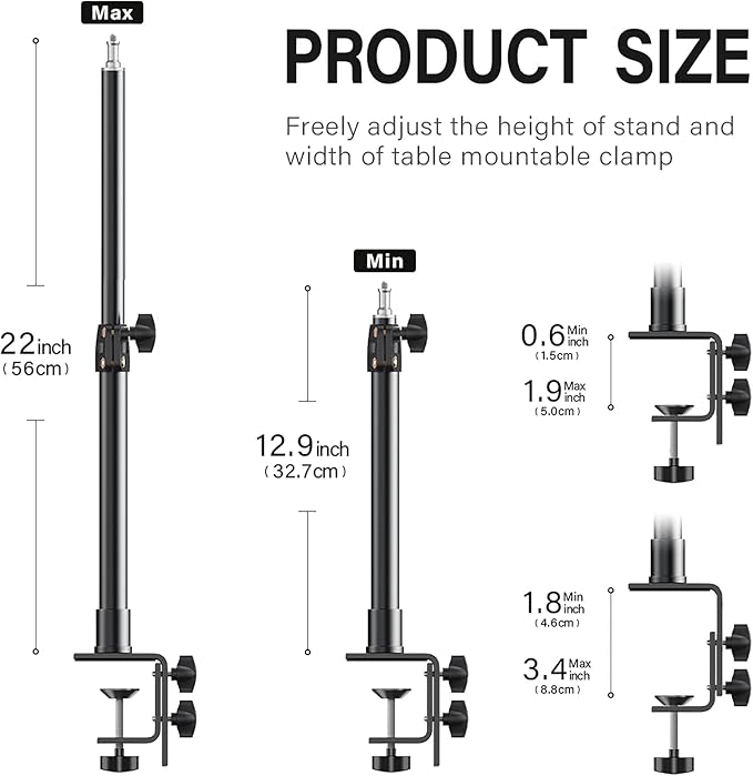 2-Pack Camera Desk Mount Stand with 1/4" Ball Head and Cold Shoe Mount Adapter,12.9-22" Tabletop Mounts Stand, Adjustable Aluminum Desktop Light Stand, for DSLR Camera, Ring Light, Video Light