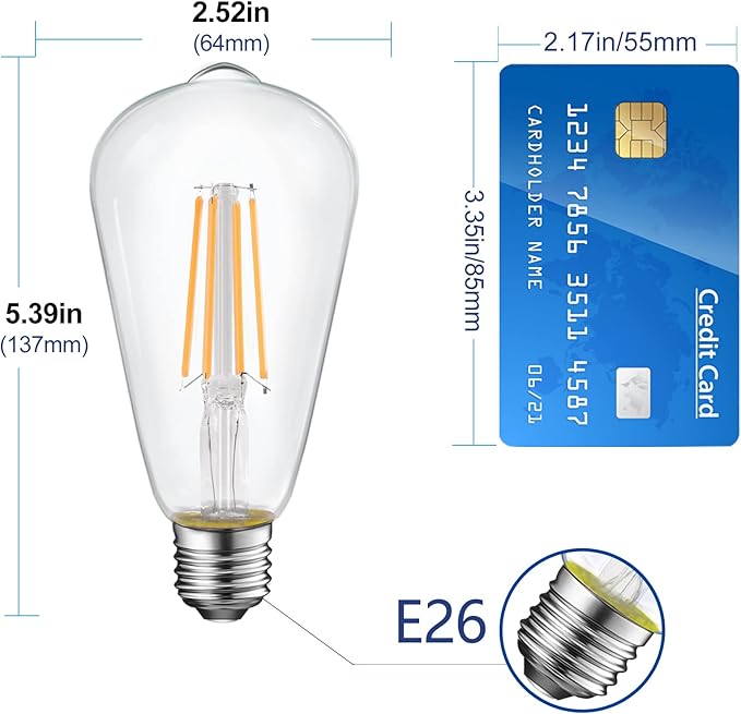 Energetic ST19 Vintage LED Edison Bulbs, 60 Watt Equivalent, ST64 LED Filament Bulbs, CRI 95+, Soft White 2700K, Non-Dimmable, E26 Standard Base, UL Listed, 4 Pack