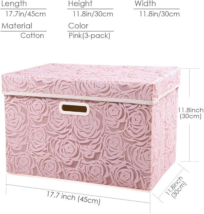 Prandom Larger Foldable Storage Boxes with Lid,Rose Pattern Fabric Decorative Storage Box,Cubes Organizers,Baskets with Handles,For Bedroom,Closet, Living Room,Pink,45x30x30cm[3-Pack]