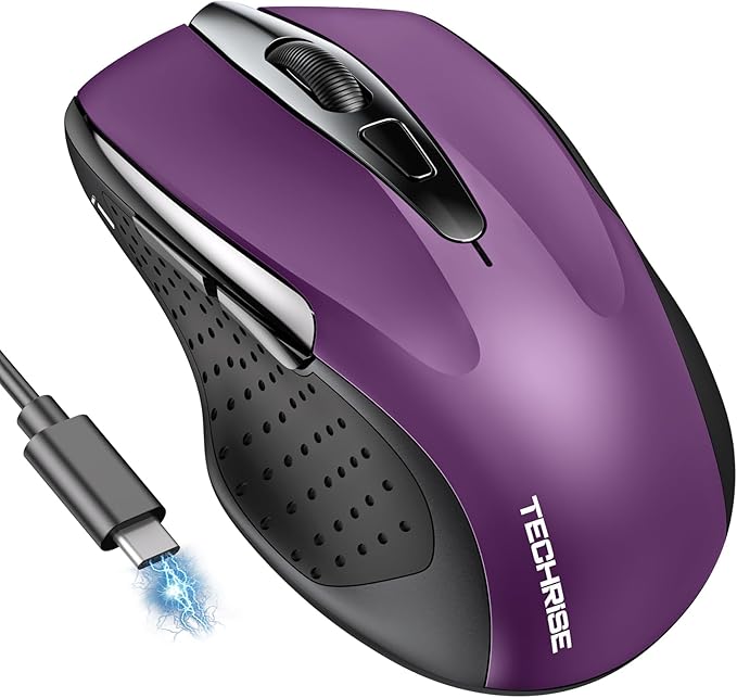 TechRise Bluetooth Mouse (BT5.0/3.0 & 2.4G) Rechargeable Wireless Mouse, 4800 DPI Optical Tracking, 6 Adjustable DPI, 2.4GHz with USB A Receiver, Quiet Clicks, Ergonomic Grips, 6 Buttons - Purple