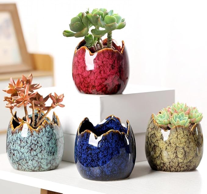Simcat Succulent Pots with Drainage Half Dragon Egg Shell Design Ceramic Flower Pot 4 Cactus Planter Pots Marble Print Succulent Plant Pots + Bamboo Tray for Home Office Desktop Windowsill Décor