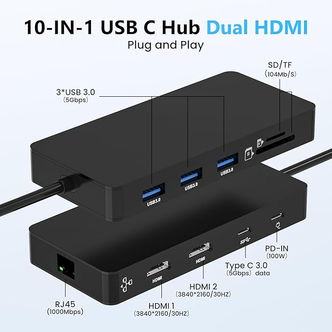 Laptop Docking Station Dual 4K HDTV Monitor, Fophmo USB C to 2 HDTV Splitter Extended Display, 1000Mbps LAN, USB A&C 3.0 Ports(10Gbps), SD/TF Card, 100W PD Charging, MacOS Only Mirrors Same Screen