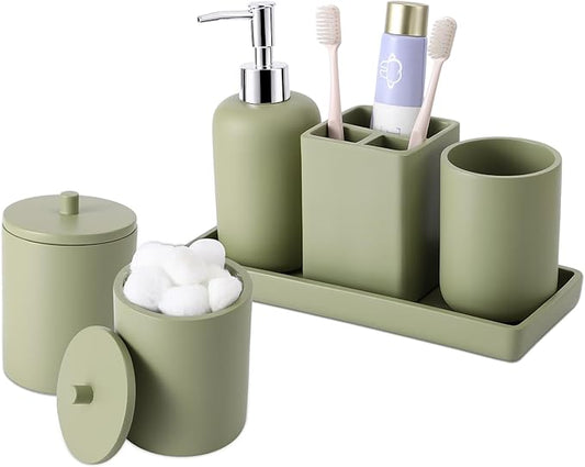 Resin 6 Pcs Green Bathroom Set Complete with Toothbrush Holder, Lotion Soap Dispenser, 2 Qtip Holder Dispensers,Vanity Tray,Bathroom Tumbler - Countertop Vanity Organizer - Bathroom Accessories