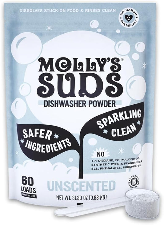 Molly's Suds Dishwasher Powder | Clean Dishwasher Detergent, Cuts Grease & Rinses Clean (Residue-Free) for Sparkling Dishes | 60 Loads (Unscented)
