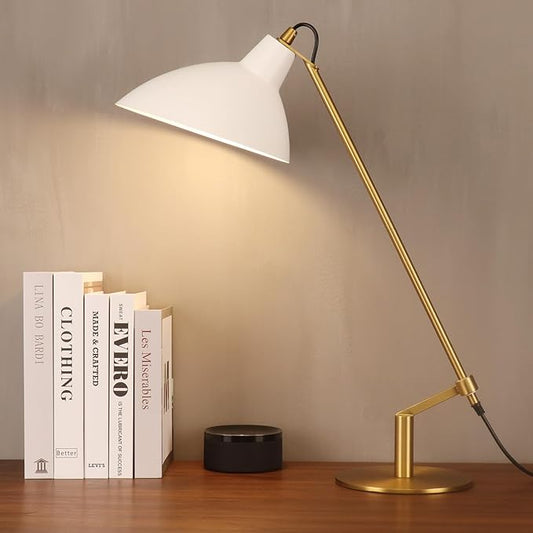 Desk Lamp Modern Industrial 100% Metal Table Lamp 22", Soft White Light (3000K) with Adjustable Switch, Ideal for Office Bedroom Study Room Living Room Nightstand Bedside Lamps White+Brass