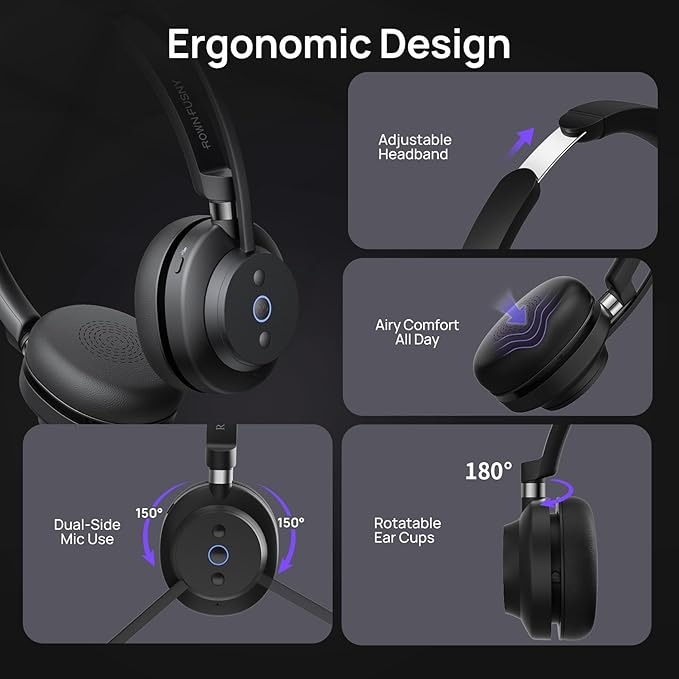 Wireless Headset, Bluetooth Headphones & 2.4G USB Dongle with Noise Cancelling Mic, Mute Button - for PC, Laptop, Call Center, Home Office, Zoom, Teams Meeting
