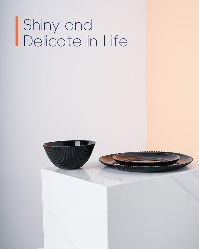 10.5 inch Ribbed Dinner Plate Set of 6, Round Opal Glass Black Dinnerware Plates, Dishwasher and Microwave Safe