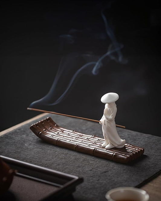 Ceramic Incense Stick Holder with Ash Catcher - Kung Fu Samurai on Bamboo Raft, Chinese & Japanese Home Decor for Meditation, Spa, Yoga
