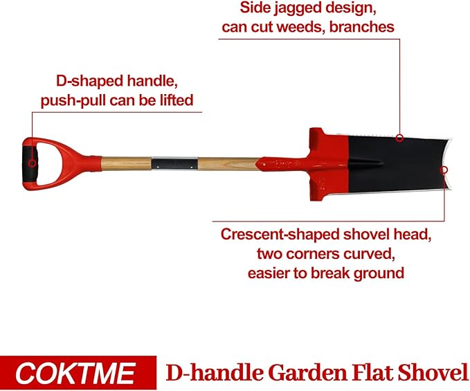 Spade Garden Shovel,Steel Square Flat Spade Shovels for Digging with D Handle,Heavy Duty Trenching Shovel for Gardening Digging and Lawn Edging,Root Tool with Serrated Edges-47.2 Inches