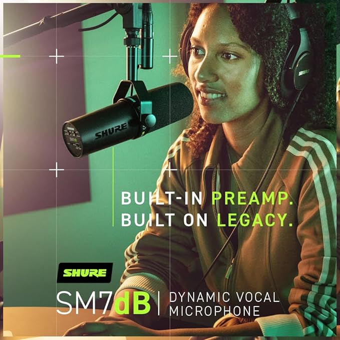 Shure SM7dB Dynamic Vocal Microphone w/Built-in Preamp for Streaming, Podcast, & Recording, Wide-Range Frequency, Warm & Smooth Sound, Rugged Construction, Detachable Windscreen - Black