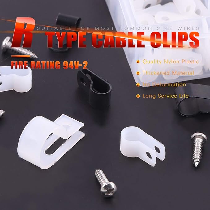 Hilitchi 132 Pcs 6 Sizes Black and White Plastic Cable Clamp R Type Screw Mounting Cord Fastener Cable Clips Assortment Kit with Screws for Wire Management Cable Conduit (Clips from 6mm to 23mm)