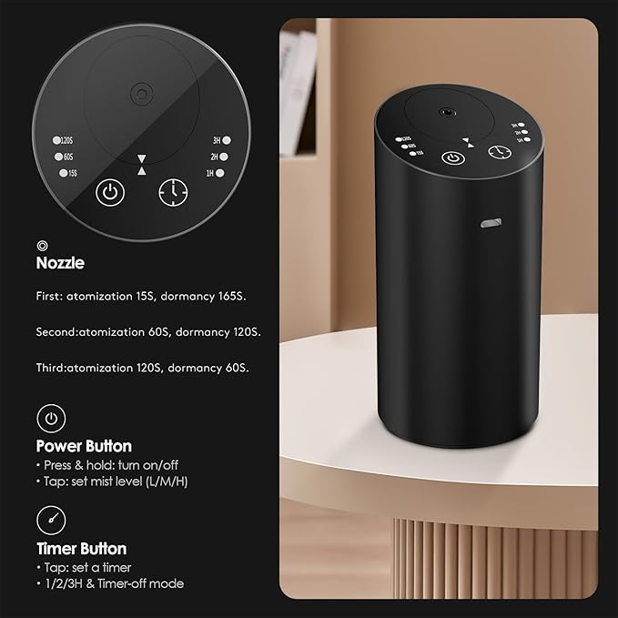 Waterless Car Diffuser with Timer, No Leakage Technology, Battery Operated Essential Oil Aromatherapy Diffuser for Car, Room, Super Quiet Cordless Operation