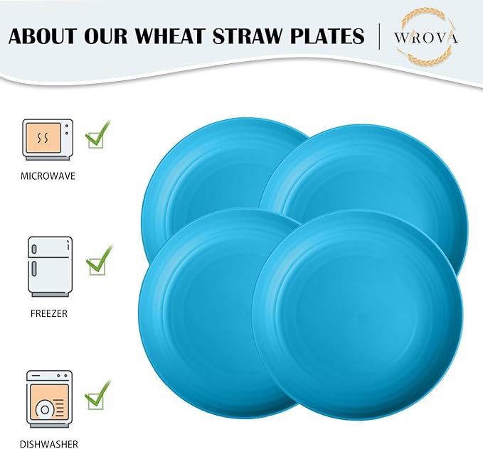 Wheat Straw Plates 10 Inch - Unbreakable Dinner Plate Set of 8 - Dishwasher & Microwave Safe Plastic Plates Reusable - Lightweight Deep Plate for Kitchen,Outdoor,Dorm (Blue)